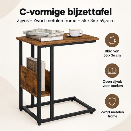 Overzicht van C-vormige bijzettafel met de belangrijkste productvoordelen