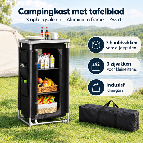 Zwarte campingkast van BukkitBow met aluminium frame, inclusief tafelblad en drie opbergvakken, ideaal voor kampeerplekken.