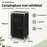 Zwarte campingkast van BukkitBow met aluminium frame, tafelblad en drie opbergvakken, geschikt voor kampeergebruik.