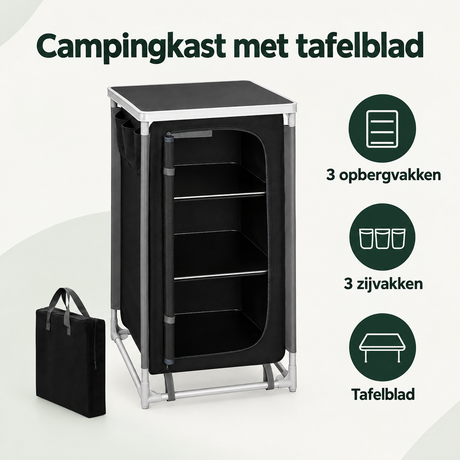 Zwarte campingkast van BukkitBow met aluminium frame, tafelblad en drie opbergvakken, geschikt voor kampeer- en outdoorgebruik.
