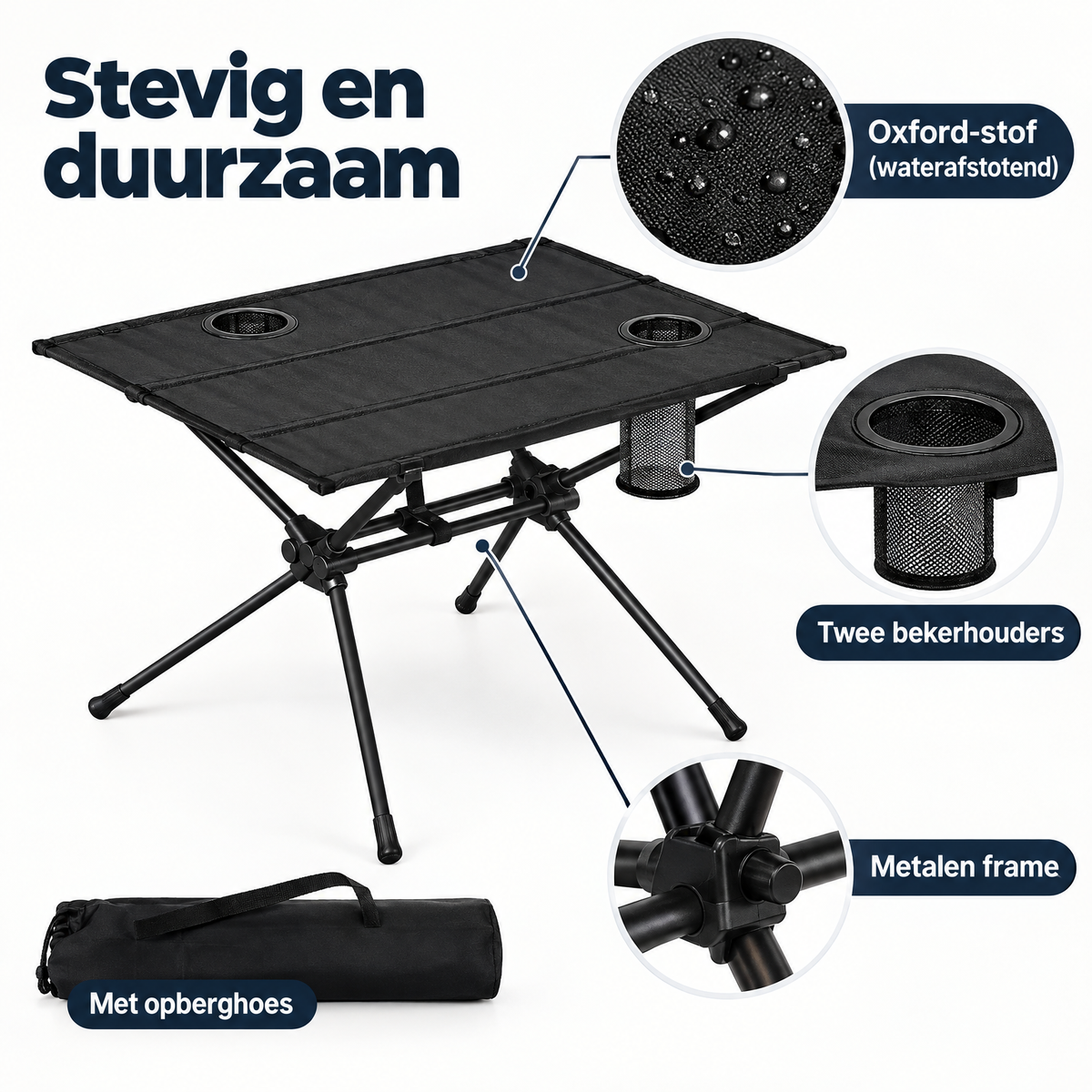 Detail van materiaal en afwerking van campingtafel met bekerhouders