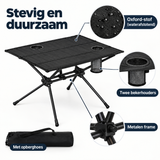 Detail van materiaal en afwerking van campingtafel met bekerhouders