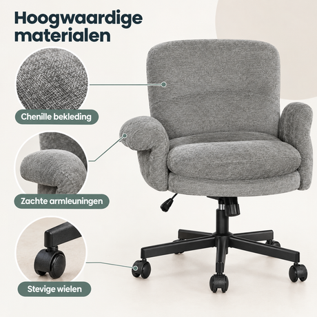 BukkitBow chenille bureaustoel met armleuningen, hoogteverstelbaar, in beige of grijs, zacht materiaal en comfortabel design