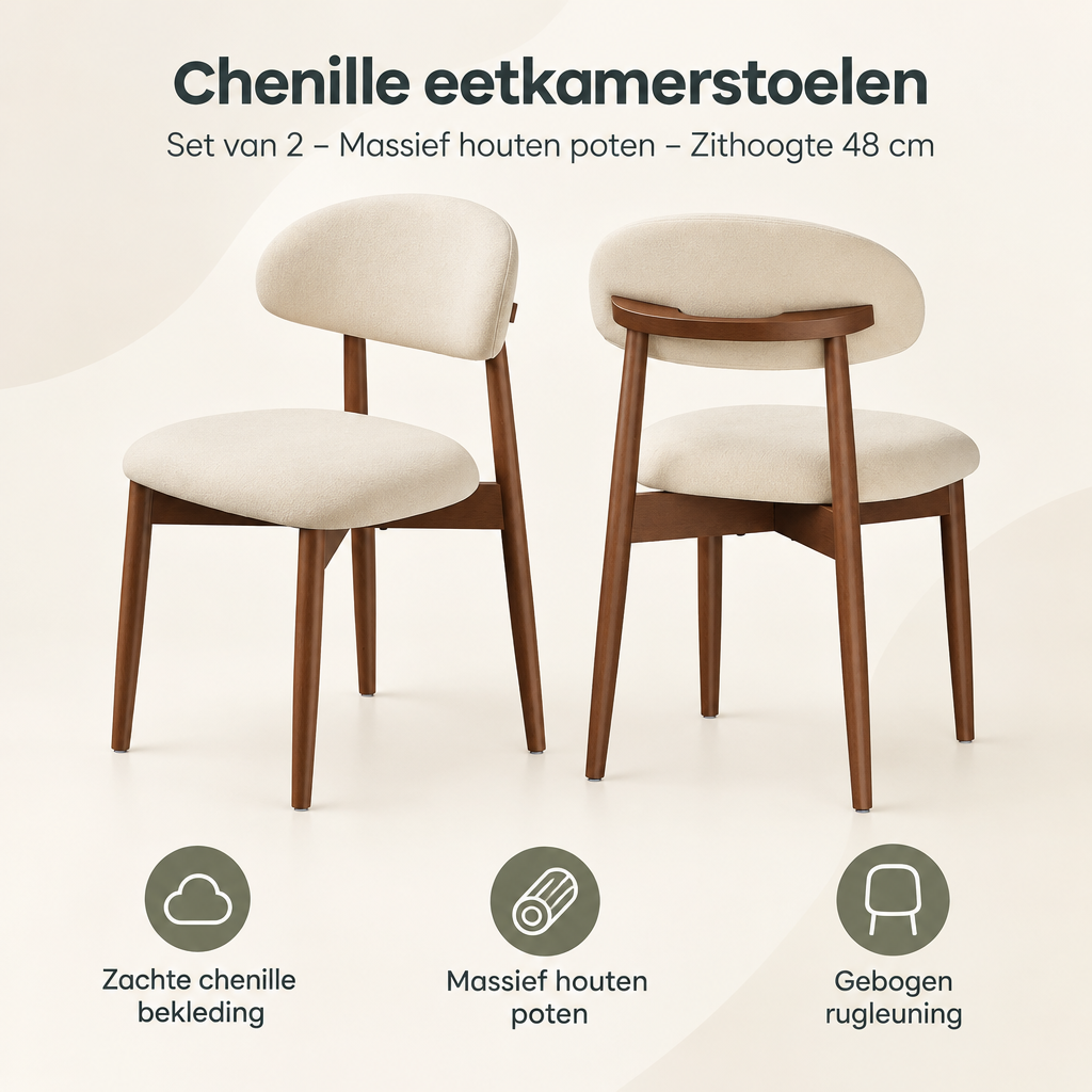 Overzicht van chenille eetkamerstoelen met de belangrijkste productvoordelen