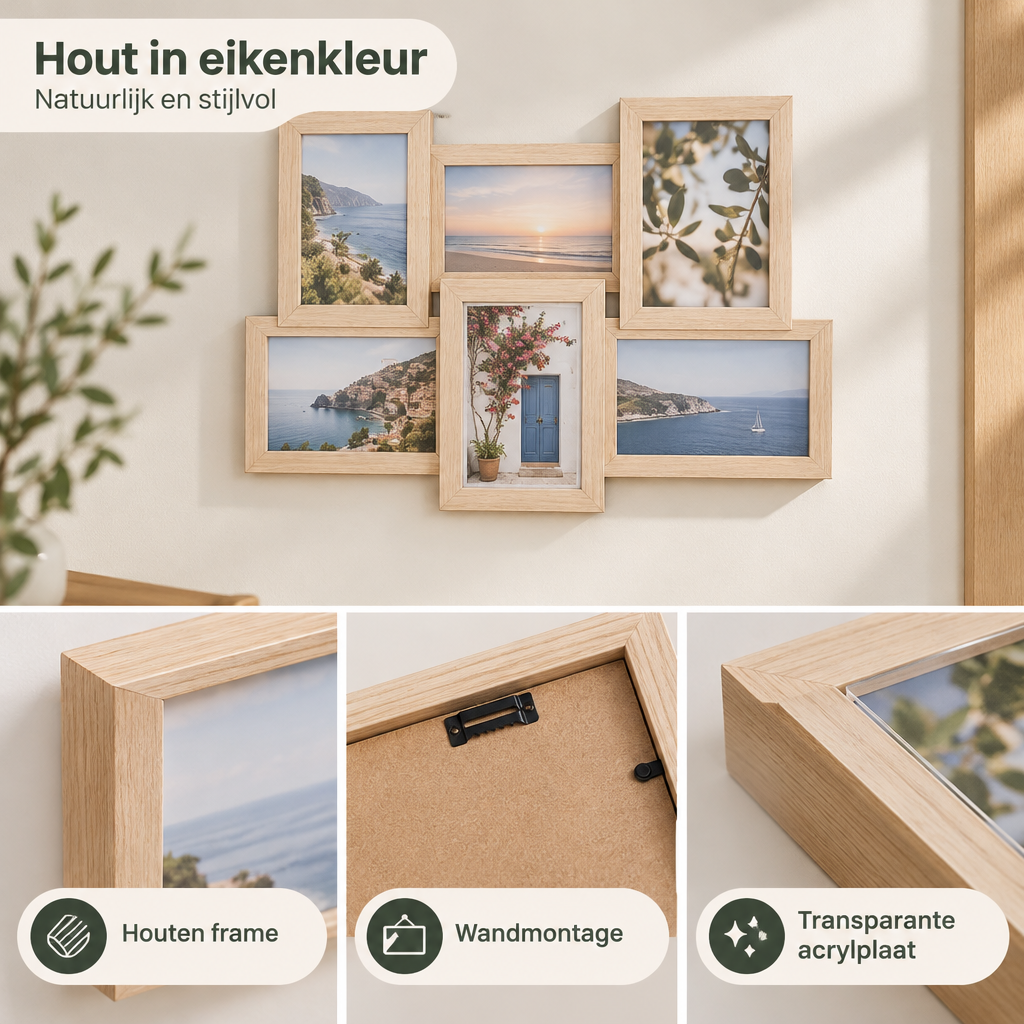 Detail van materiaal en afwerking van collage fotolijst 6 foto's