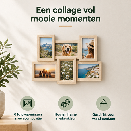 Houten collage fotolijst voor 6 foto's in eikenkleur, geschikt voor muurdecoratie, van BukkitBow.