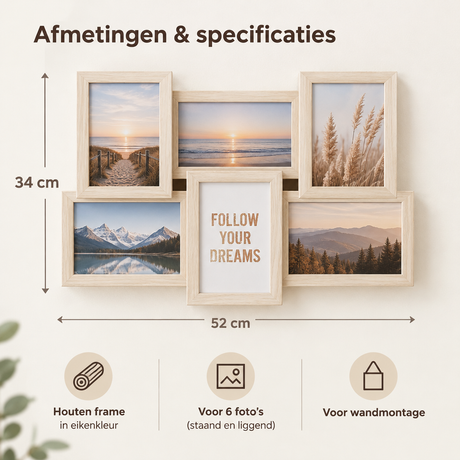 Houten collage fotolijst voor 6 foto's in eikenkleur, geschikt voor muurdecoratie, van BukkitBow.