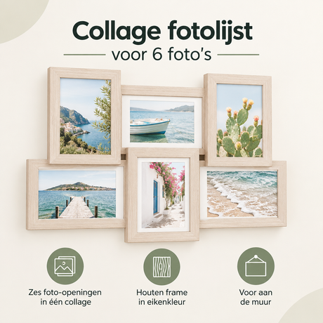 Houten collage fotolijst voor 6 foto's in eikenkleur, geschikt voor muurdecoratie, van BukkitBow.
