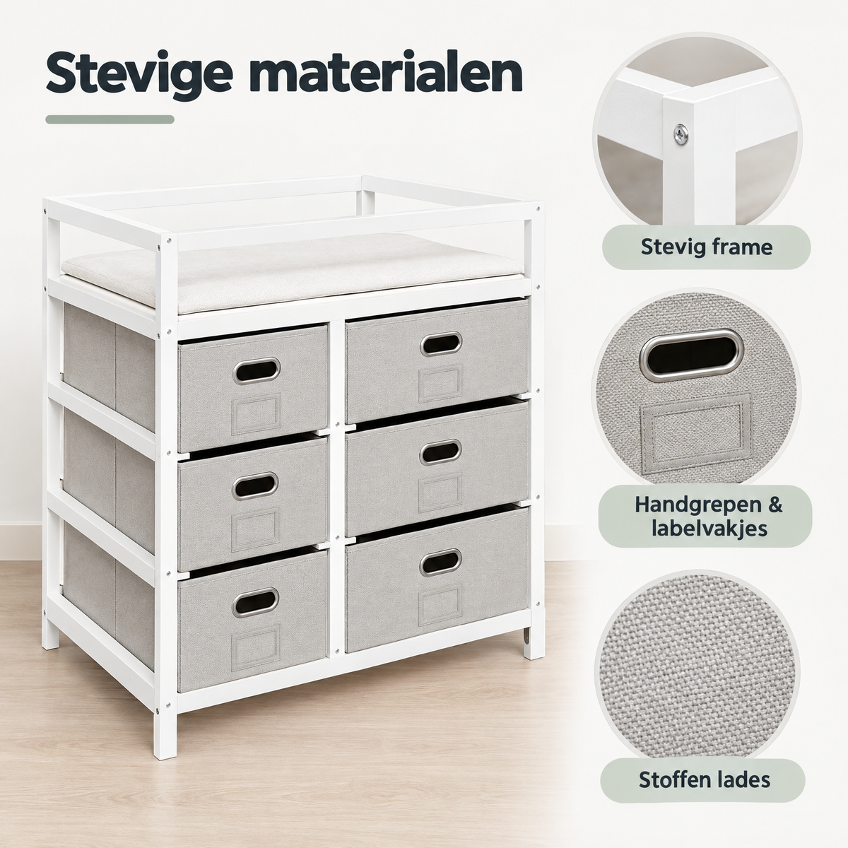 Witte en grijze commode met 6 stoffen laden en aankleedblad, detail van het materiaal en ontwerp van BukkitBow.