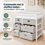 Witte en grijze commode met 6 stoffen laden en aankleedblad, praktisch en ruimtebesparend van BukkitBow.