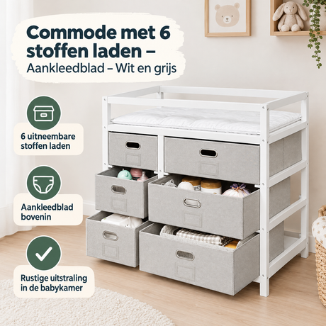 Witte en grijze commode met 6 stoffen laden en aankleedblad, praktisch en ruimtebesparend van BukkitBow.