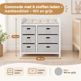 Witte en grijze commode met 6 stoffen laden en aankleedblad, meubel van BukkitBow, overzicht van maten en specificaties.