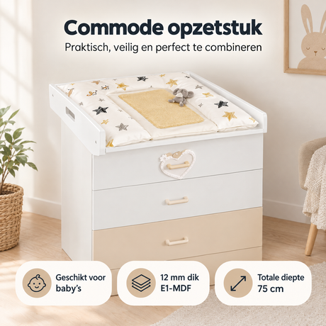 Wit MDF commode opzetstuk met handgrepen, 75 cm diepte, geschikt als verschoonopzetstuk van BukkitBow.