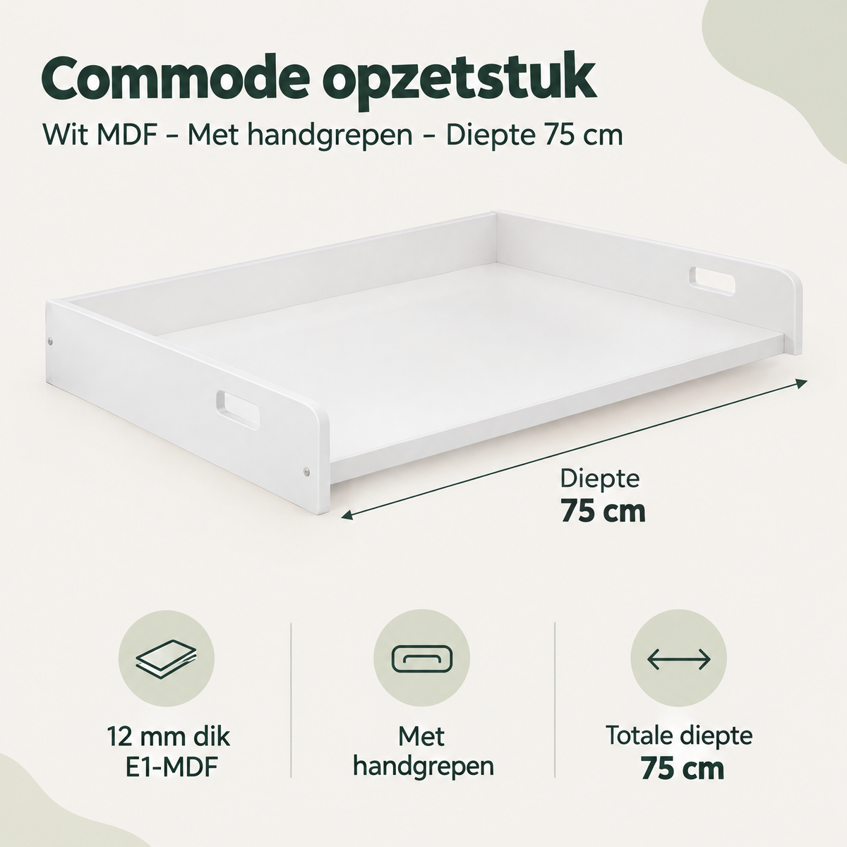 Wit MDF commode opzetstuk met handgrepen en diepte van 75 cm, geschikt als verschoonopzetstuk van BukkitBow.