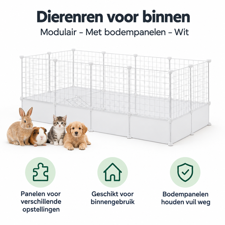 Modulaire witte dierenren voor binnen met bodempanelen, geschikt voor huisdieren, van BukkitBow, toont de structuur en panelen.