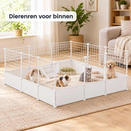 Modulaire dierenren voor binnen van BukkitBow, wit met bodempanelen, geschikt voor huisdieren en binnengebruik.
