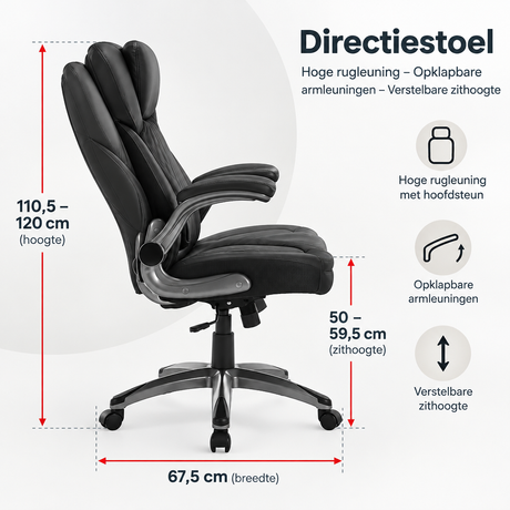 BukkitBow directiestoel met hoge rugleuning, opklapbare armleuningen en verstelbare zithoogte, geschikt voor kantoor of thuisgebruik.