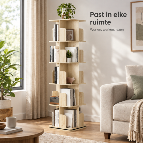 Draaibare boekenkast van BukkitBow met 5 niveaus en 20 open vakken, 40x40x155 cm, in een moderne woonkamer setting.