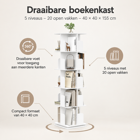 Draaibare boekenkast van BukkitBow met 5 niveaus en 20 open vakken, 40x40x155 cm, overzicht van kernvoordelen.