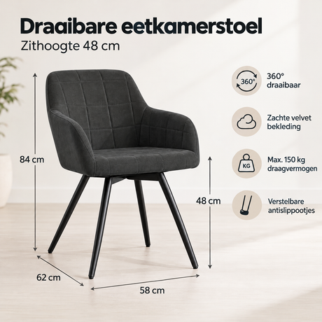 Afmetingen en productspecificaties van draaibare eetkamerstoel