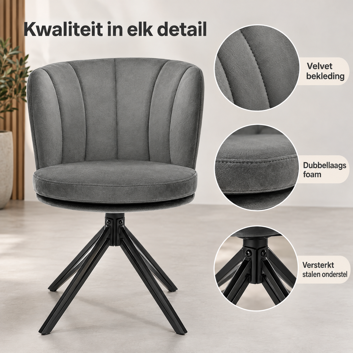 Detail van materiaal en afwerking van draaibare eetkamerstoelen