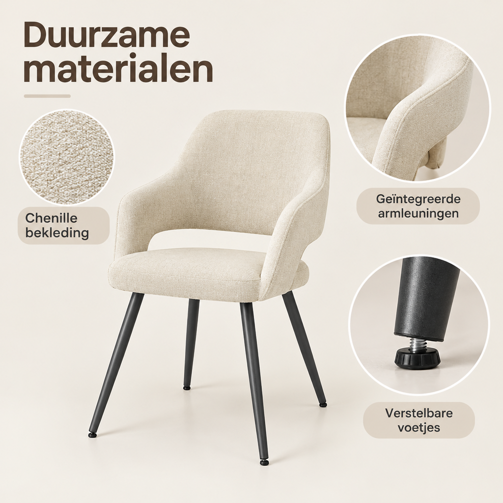 Detail van materiaal en afwerking van draaibare eetkamerstoelen