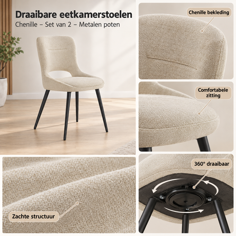 Detail van materiaal en afwerking van draaibare eetkamerstoelen