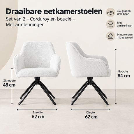 Afmetingen en productspecificaties van draaibare eetkamerstoelen