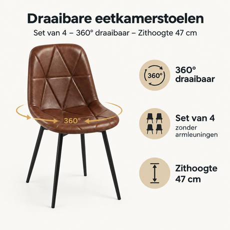 Set van 4 draaibare eetkamerstoelen van BukkitBow met 360° draaibaar en zithoogte van 47 cm, ideaal voor moderne eetkamers.