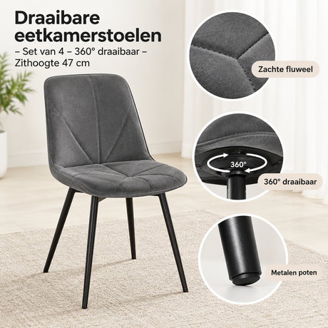 Set van 4 draaibare eetkamerstoelen van BukkitBow, 360° draaibaar met zithoogte van 47 cm, detail van het materiaal.
