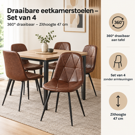 Set van 4 draaibare eetkamerstoelen van BukkitBow met 360° draaibaar en zithoogte 47 cm, moderne en comfortabele stoelen.