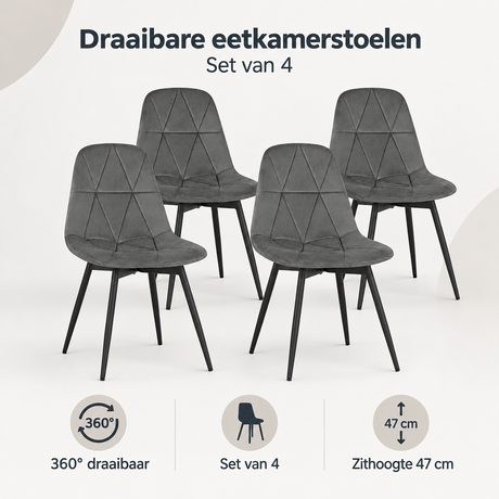 Set van 4 draaibare eetkamerstoelen van BukkitBow, 360° draaibaar met zithoogte van 47 cm, overzicht van kernvoordelen.