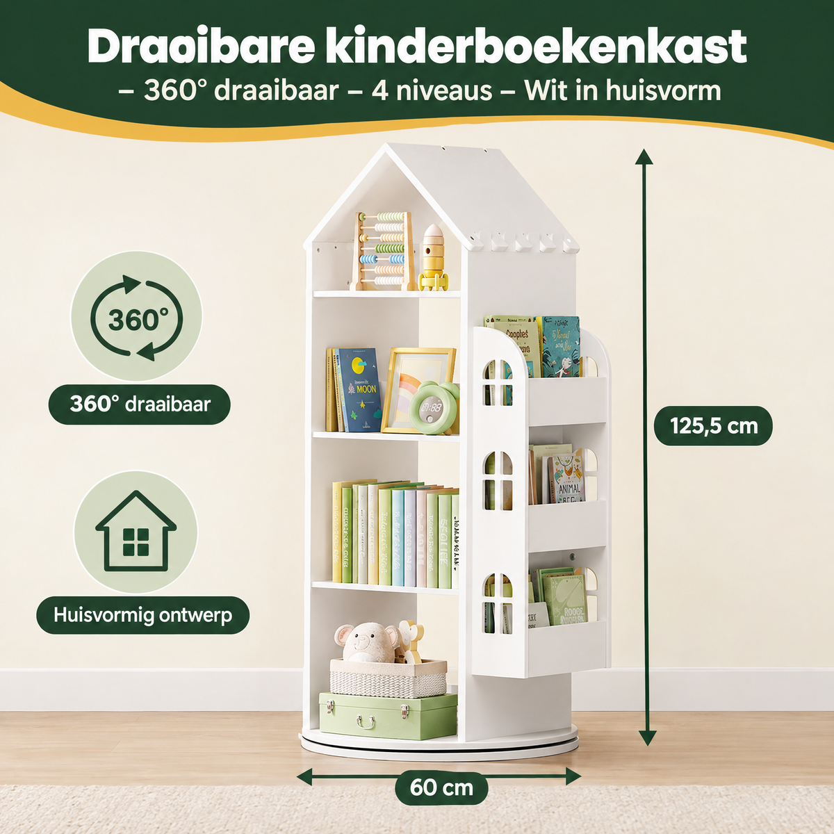 Afmetingen en productspecificaties van draaibare kinderboekenkast