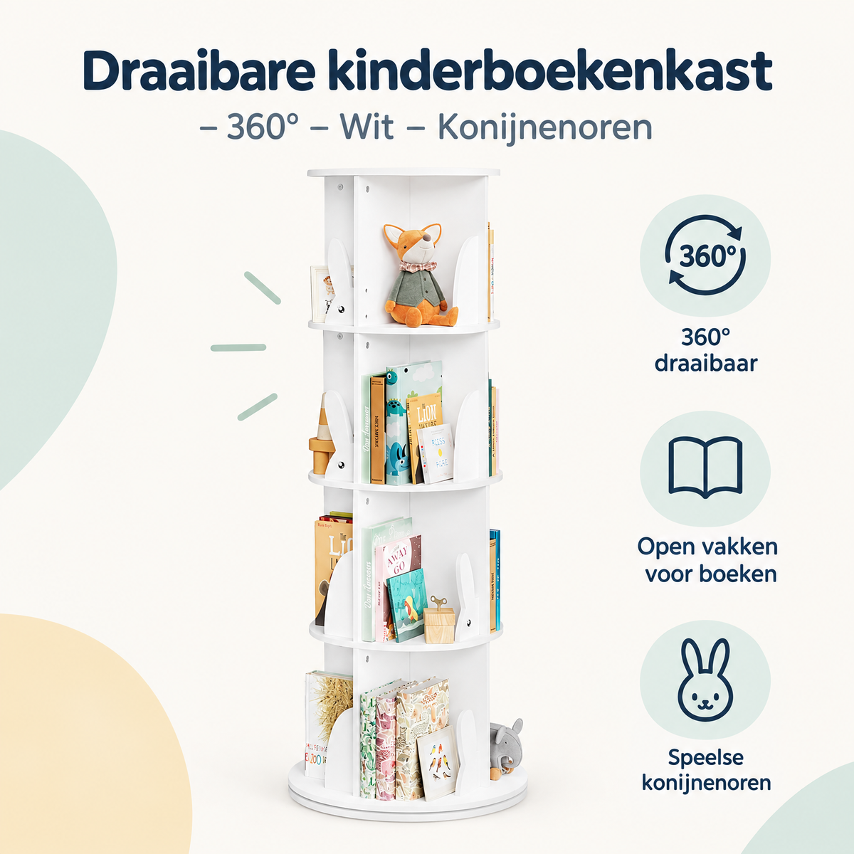 Overzicht van draaibare kinderboekenkast met de belangrijkste productvoordelen