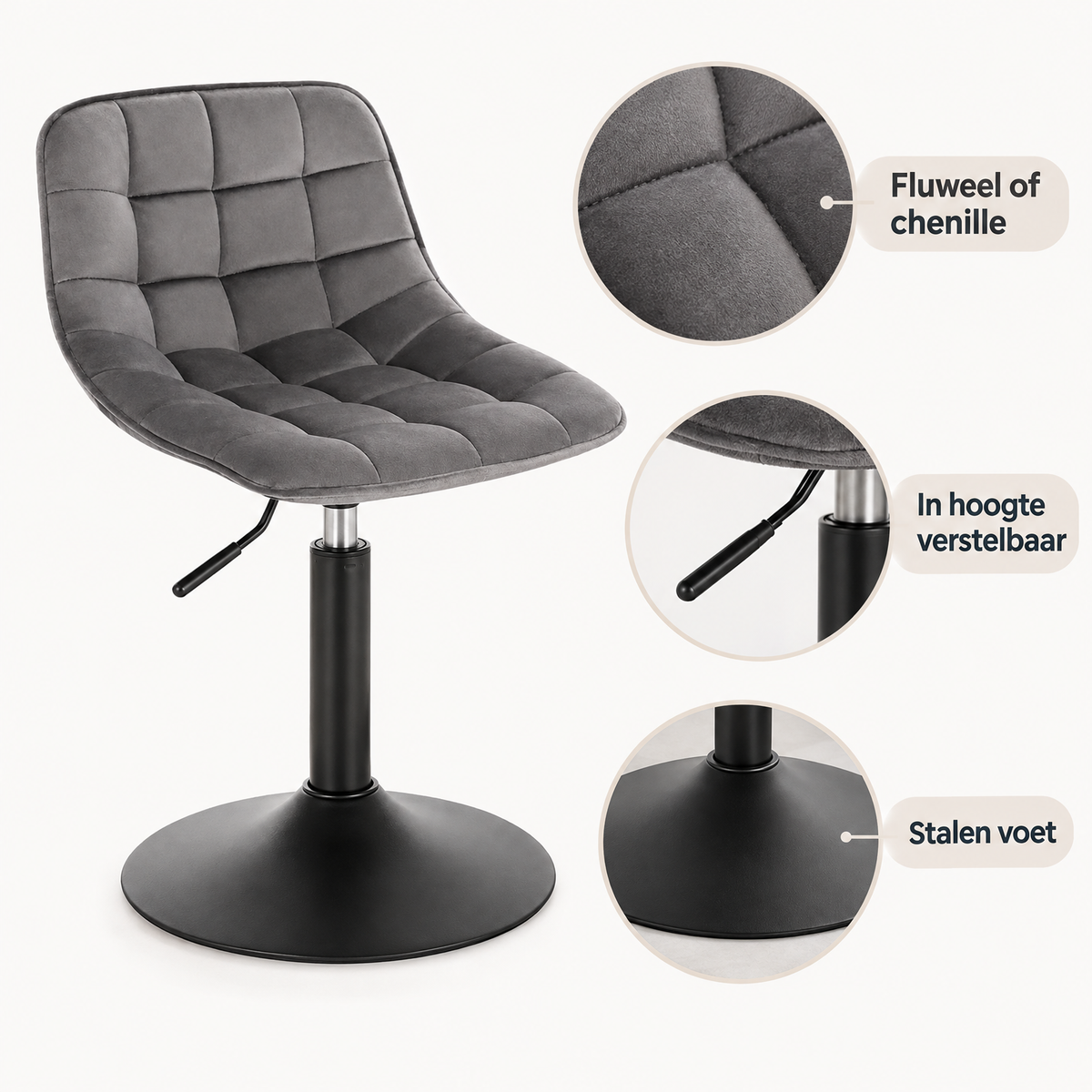 Detail van materiaal en afwerking van draaibare kruk met rugleuning