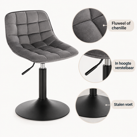 Detail van materiaal en afwerking van draaibare kruk met rugleuning