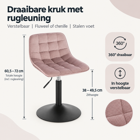 Afmetingen en productspecificaties van draaibare kruk met rugleuning