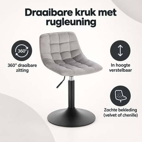 Overzicht van draaibare kruk met rugleuning met de belangrijkste productvoordelen
