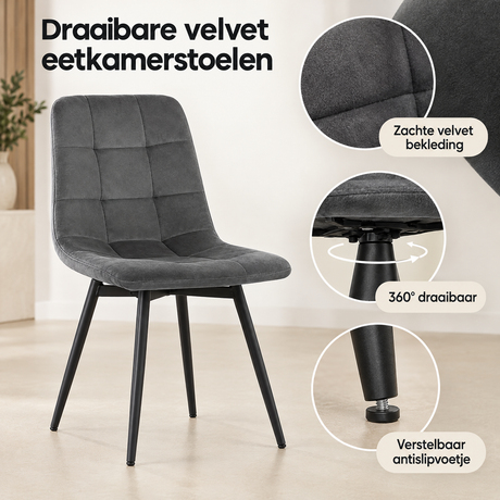 Detail van materiaal en afwerking van draaibare velvet eetkamerstoelen