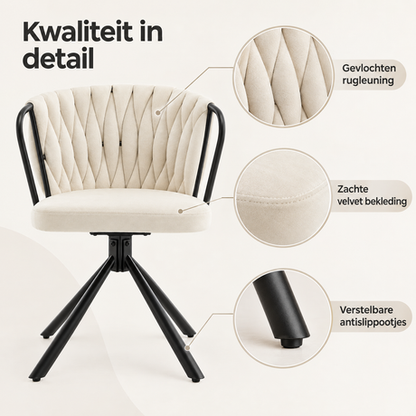 Detail van materiaal en afwerking van draaibare velvet eetkamerstoelen