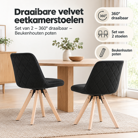 Praktische toepassing en keuzehulp voor draaibare velvet eetkamerstoelen