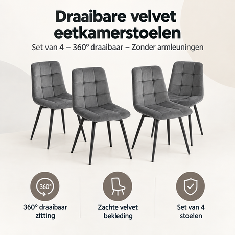 Overzicht van draaibare velvet eetkamerstoelen met de belangrijkste productvoordelen