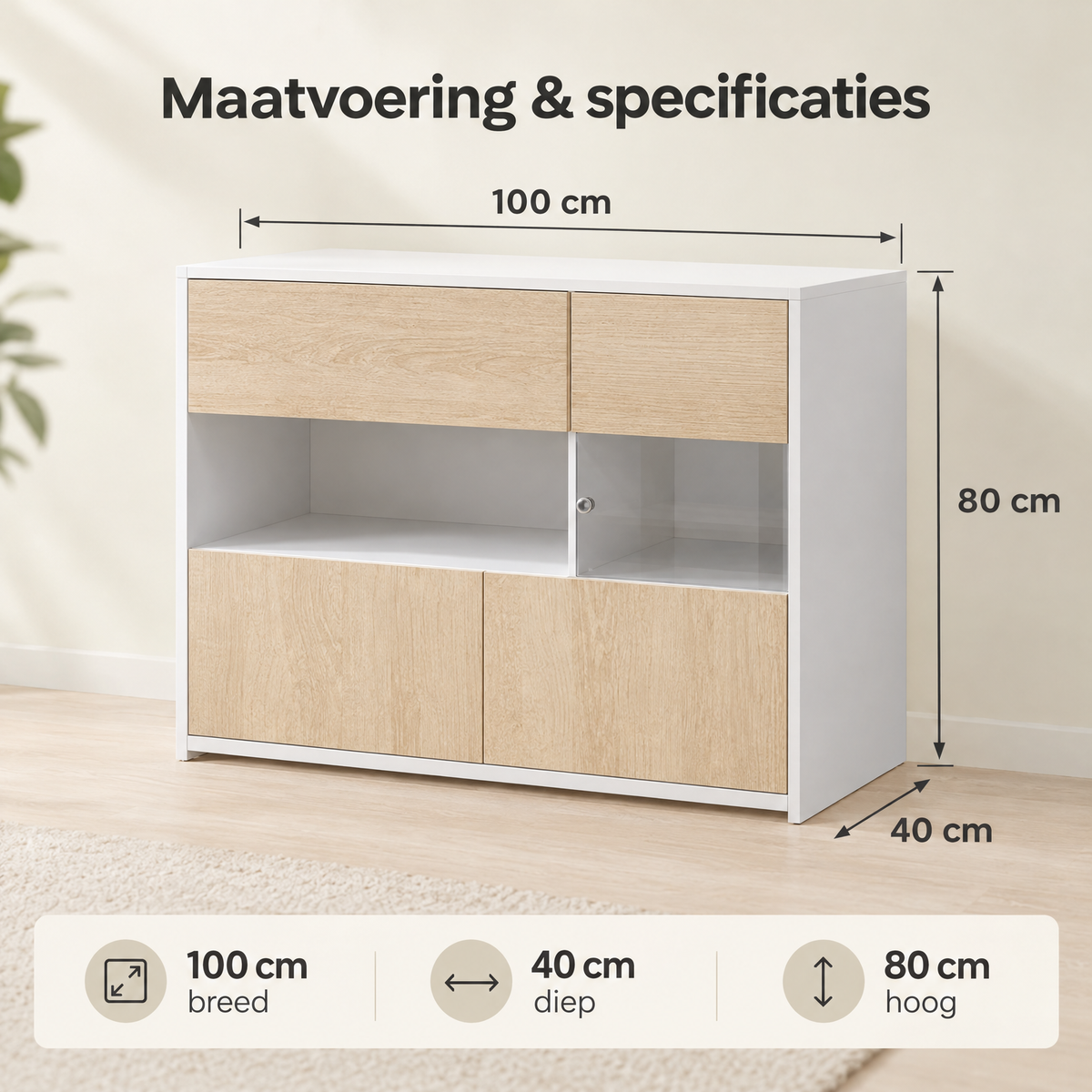 Afmetingen en productspecificaties van dressoir 100 cm