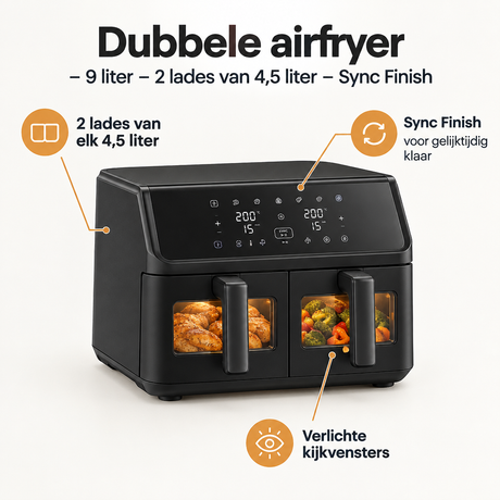 Dubbele BukkitBow airfryer van 9 liter met twee lades van 4,5 liter, modern design en Sync Finish voor gelijkmatige resultaten.