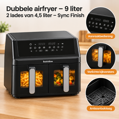 Dubbele BukkitBow airfryer met 9 liter capaciteit, twee lades van 4,5 liter, detail van het materiaal en Sync Finish.