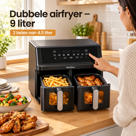 Dubbele BukkitBow airfryer van 9 liter met twee lades van 4,5 liter, ideaal voor gezond koken en gemakkelijk gebruik.