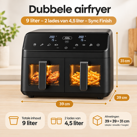 Dubbele BukkitBow airfryer van 9 liter met twee lades van 4,5 liter, overzicht van specificaties en afmetingen.
