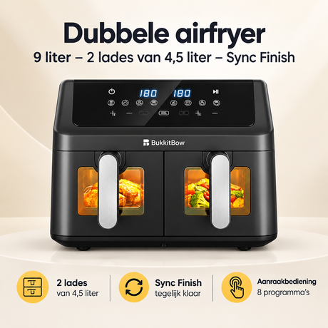 Dubbele BukkitBow airfryer van 9 liter met twee lades van 4,5 liter, overzicht van kernvoordelen en functies.
