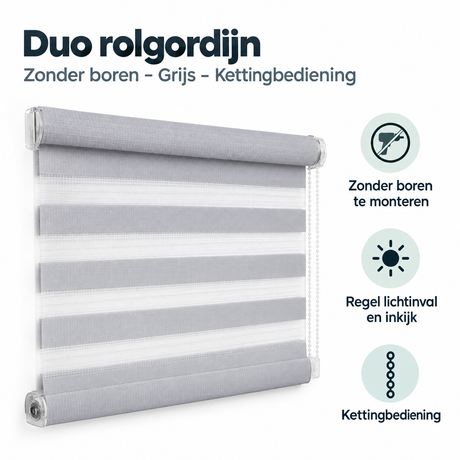 Duo rolgordijn van BukkitBow in grijs, zonder boren, met kettingbediening en dubbele lagen voor privacy en zonwering