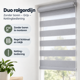 Duo rolgordijn van BukkitBow in grijs met kettingbediening, zonder boren, geschikt voor eenvoudige montage en moderne raamdecoratie